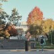 Students walk through a tree-lined campus with fall foliage.