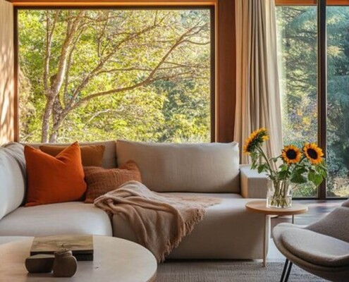 Modern living room with cozy sofa, sunflowers, and large window overlooking a sunlit forest view