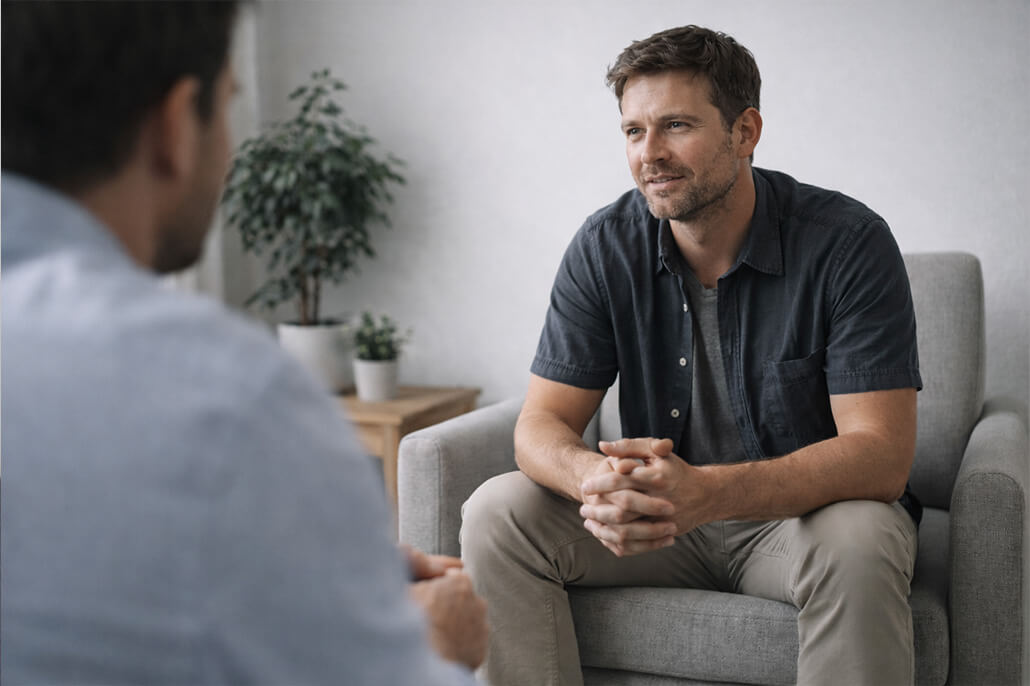Man looking very comfortable having a conversation with his therapist.