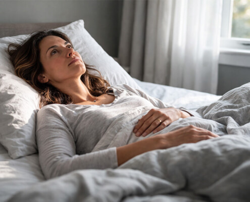Wife lies in bed contemplating the fight she had with her husband