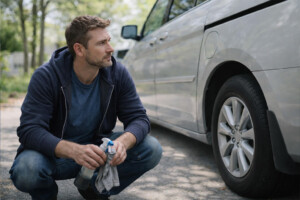 man crouching by van | men's therapy medford, nj | men's counseling medford, nj | therapist for men medford, nj | therapist for men's mental health | medford, nj | haddonfield, nj | cherry hill, nj Troubled thoughtful husband hunched down by the family van. Men's therapy in Medford, NJ is here to support you with navigating stress, work burnout, relationship challenges & more.