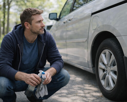 Troubled thoughtful husband hunched down by the family van