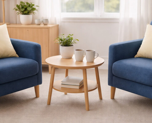 Empty therapist chairs with two cups of coffee waiting on the table